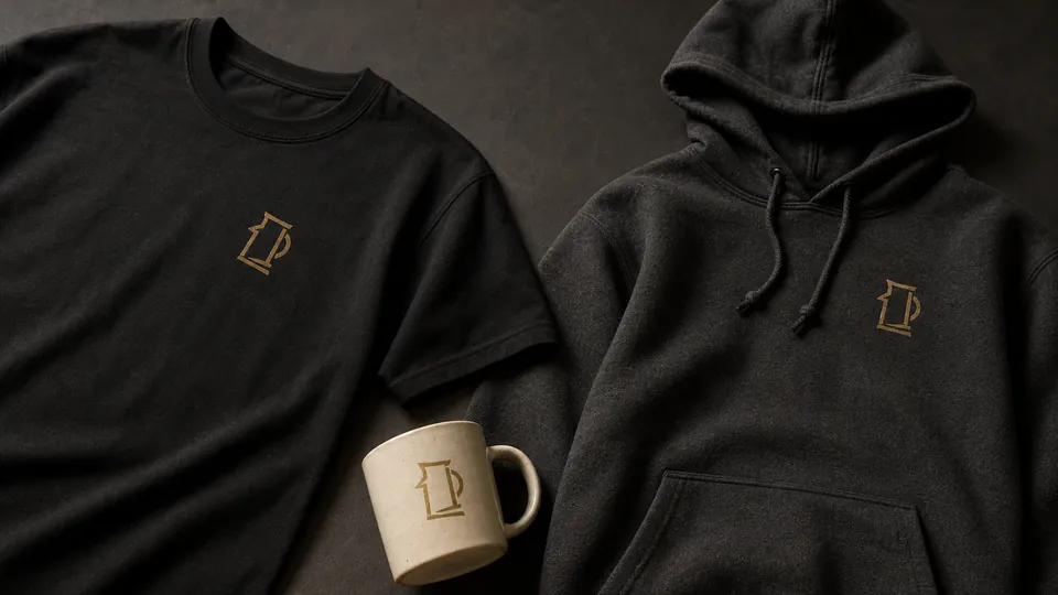 Premium black Tavern shirt and hoodie with restrained gold tankard marks