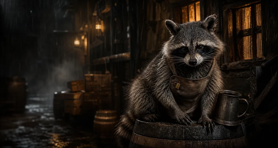 Steve, a rain-soaked feral raccoon innkeeper, watching the Tavern alley